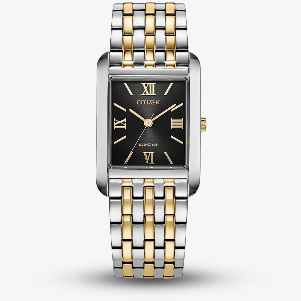 Citizen Mens Dress Classic Black Dial Rectangle Two Tone Bracelet Watch BJ6574-59E