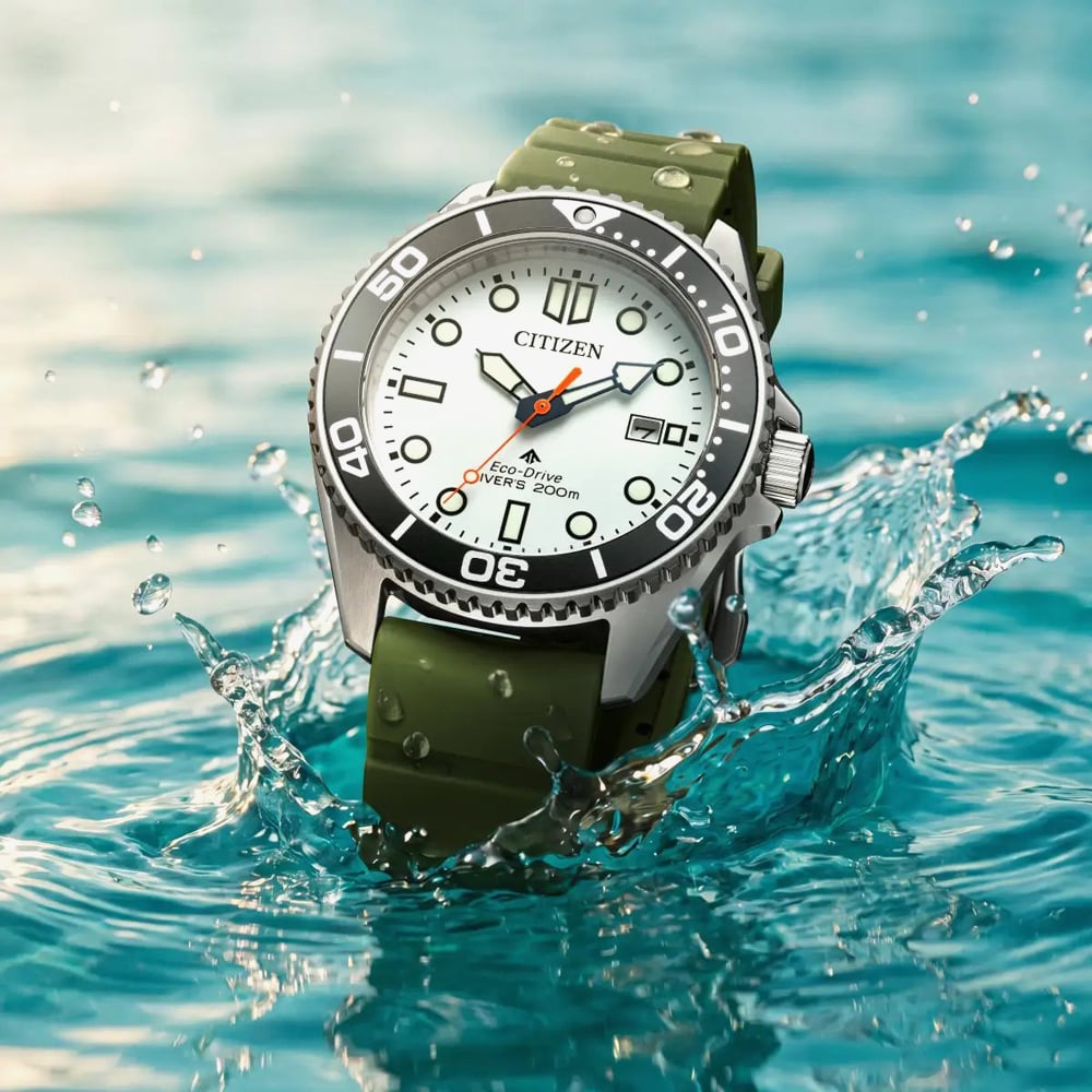 Citizen Mens Promaster Diver White Dial Green Polyurethane Strap Watch BN0265-00A