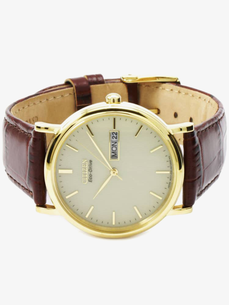 Citizen Mens Stiletto Gold Plated Brown Leather Strap Watch BM8242-08P
