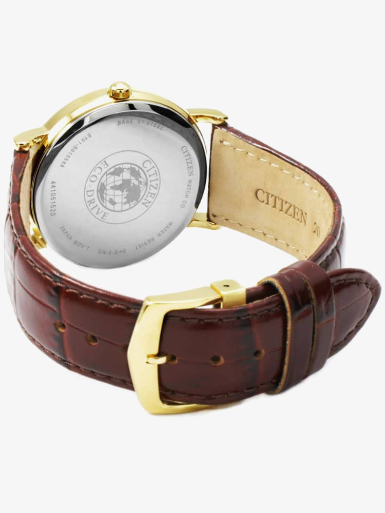 Citizen Mens Stiletto Gold Plated Brown Leather Strap Watch BM8242-08P