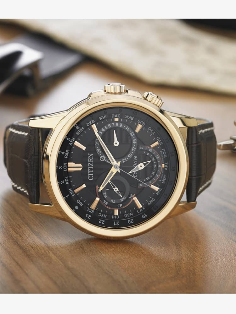 Citizen Mens Calendrier Rose Gold Plated Black Day Date Dial Brown Leather Strap Watch BU2023-04E