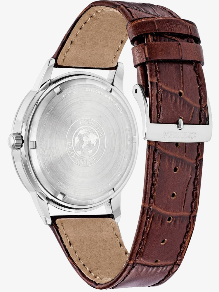 Citizen Mens Corso Stainless Steel Blue Day Date Dial Brown Leather Strap Watch BU2070-12L