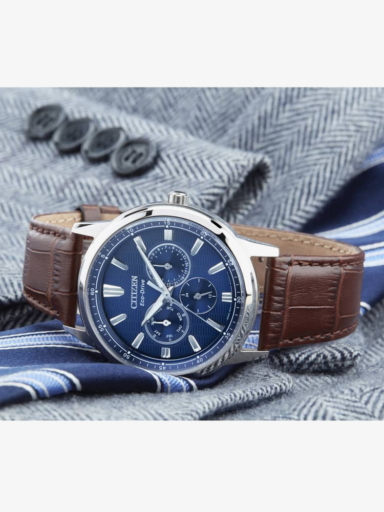 Citizen Mens Corso Stainless Steel Blue Day Date Dial Brown Leather Strap Watch BU2070-12L