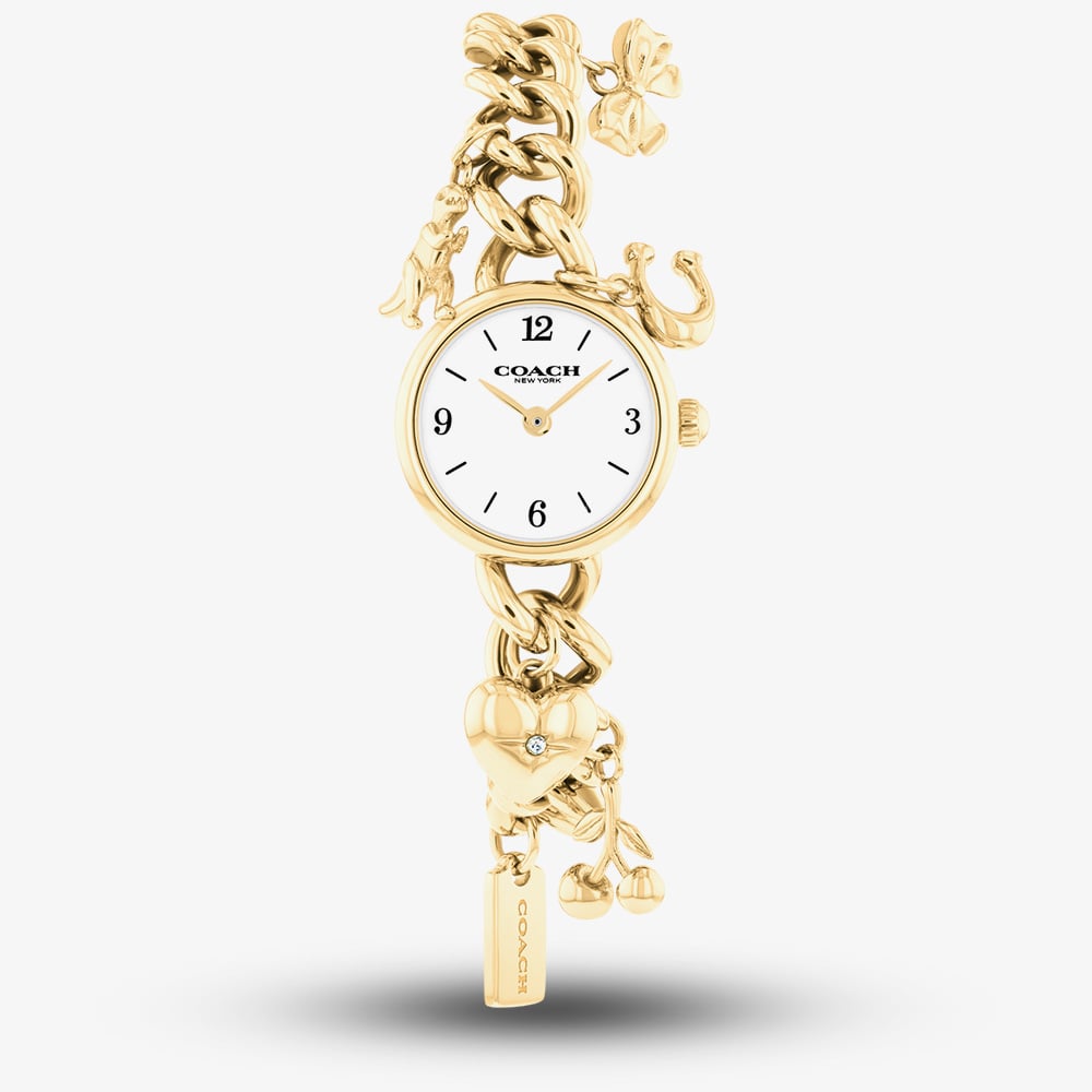 Coach Ladies Iris Gold Plated Charm Bracelet Watch 14504648