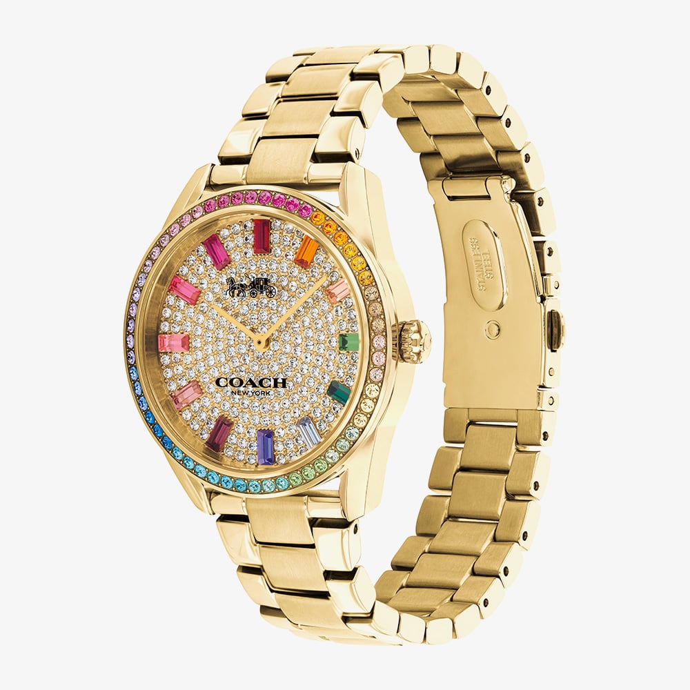 Coach Ladies Preston Rainbow Crystal Gold Plated Watch 14503657