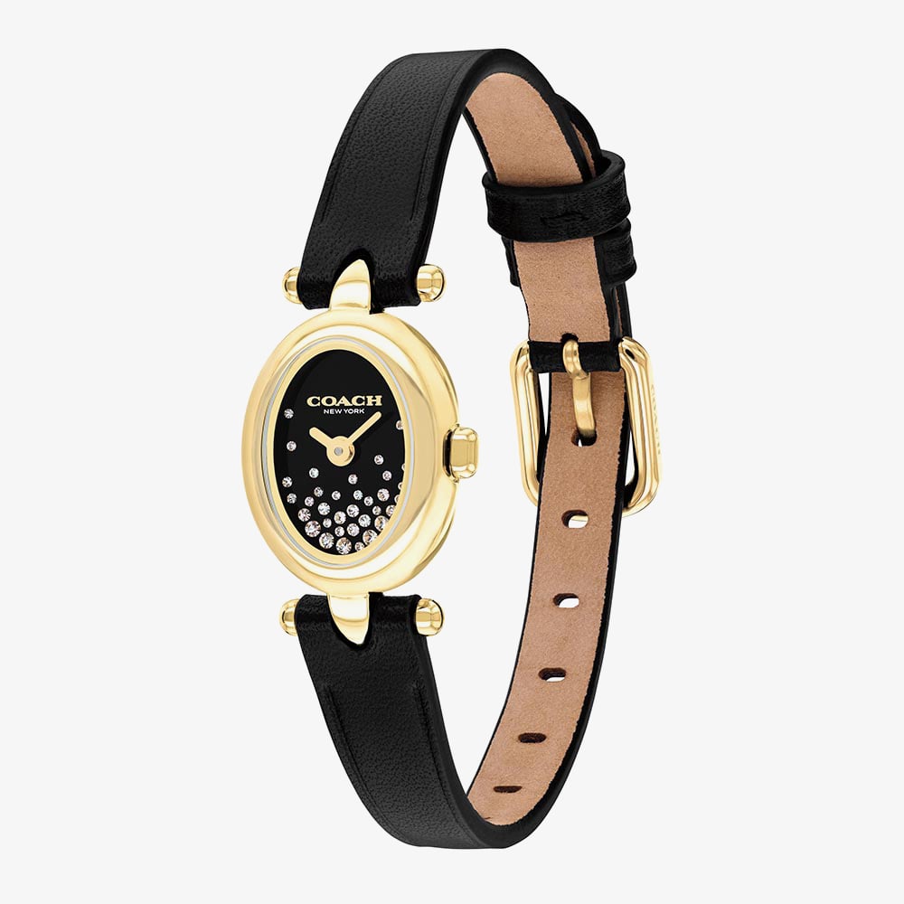 Coach Ladies Sammy Golden Oval Black Crystal Dial Leather Strap Watch 14504739