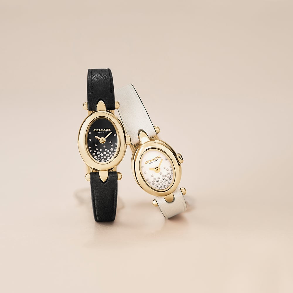 Coach Ladies Sammy Golden Oval Black Crystal Dial Leather Strap Watch 14504739