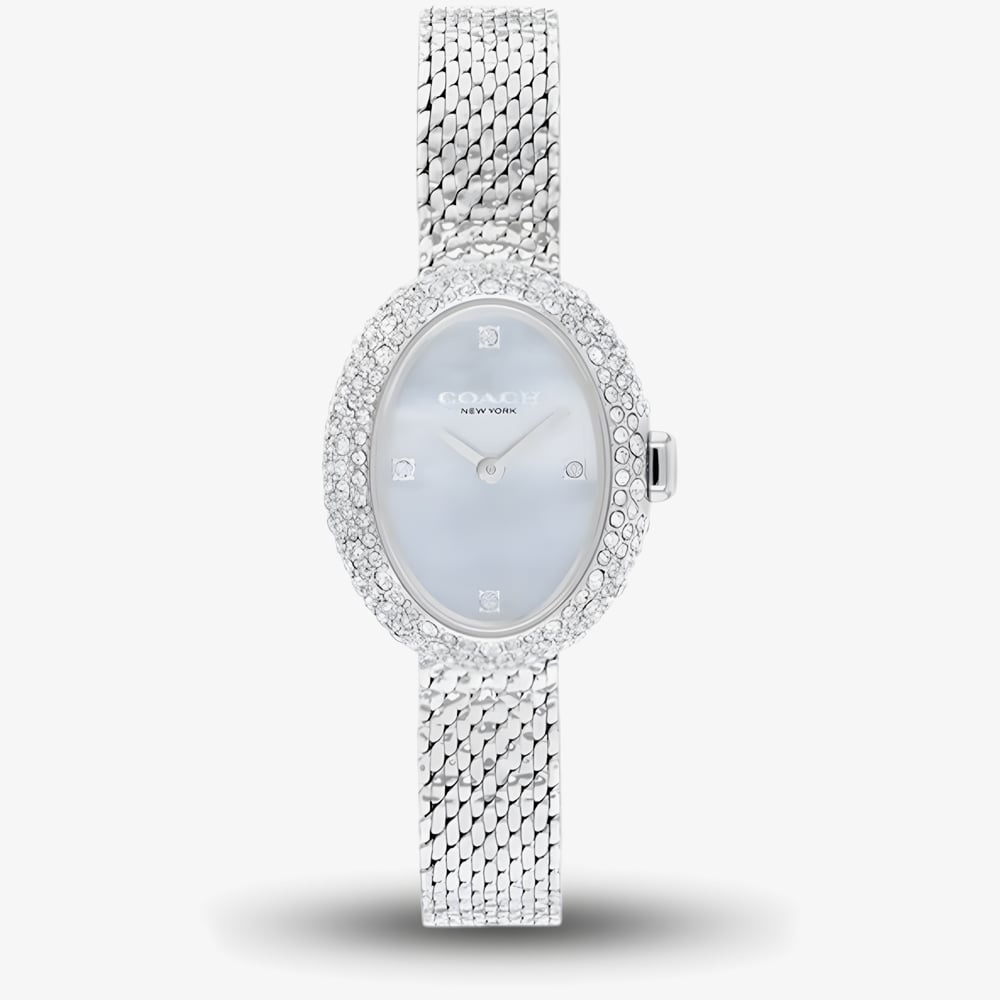 Coach Ladies Sammy Blue Dial Crystal Set Oval Mesh Bracelet Watch 14504689