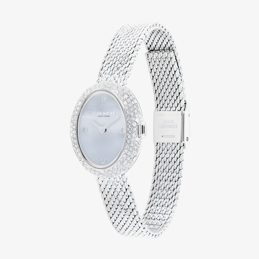 Coach Ladies Sammy Blue Dial Crystal Set Oval Mesh Bracelet Watch 14504689