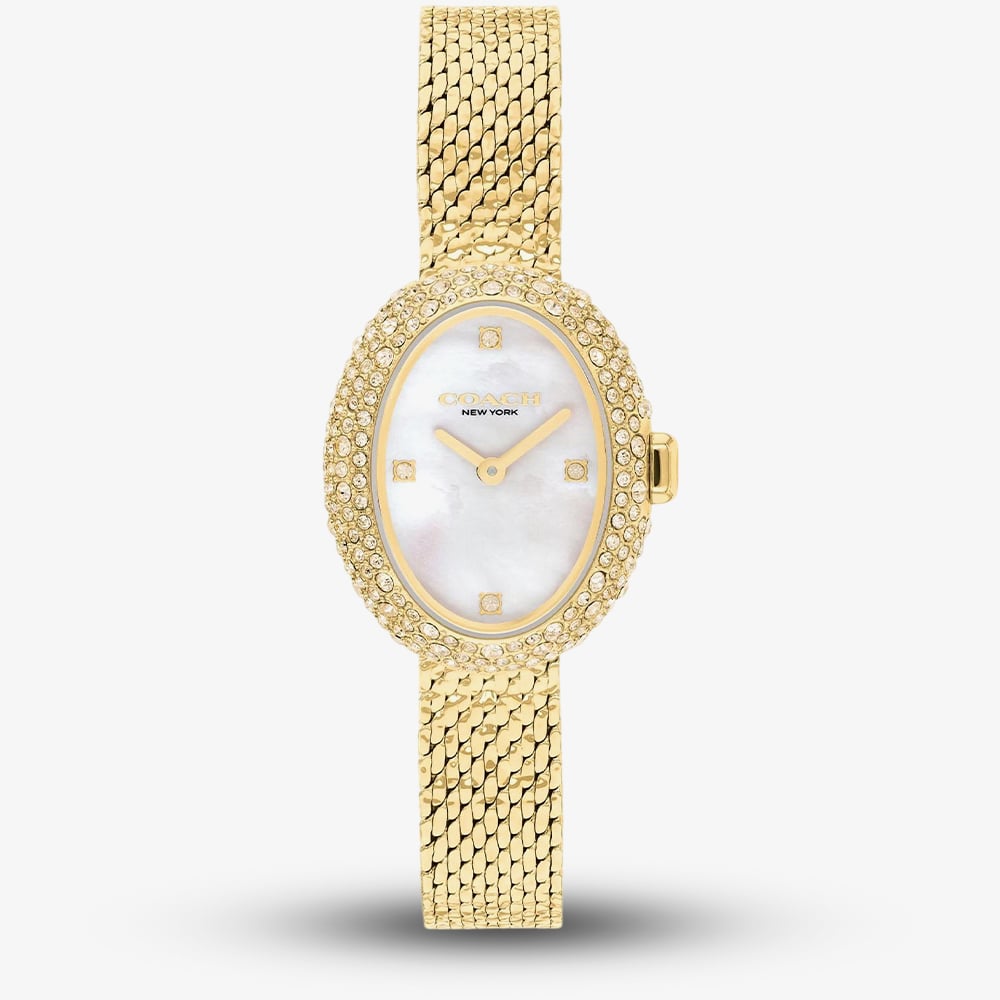 Coach Ladies Sammy Mother of Pearl Dial Crystal Oval Mesh Bracelet Watch 14504690