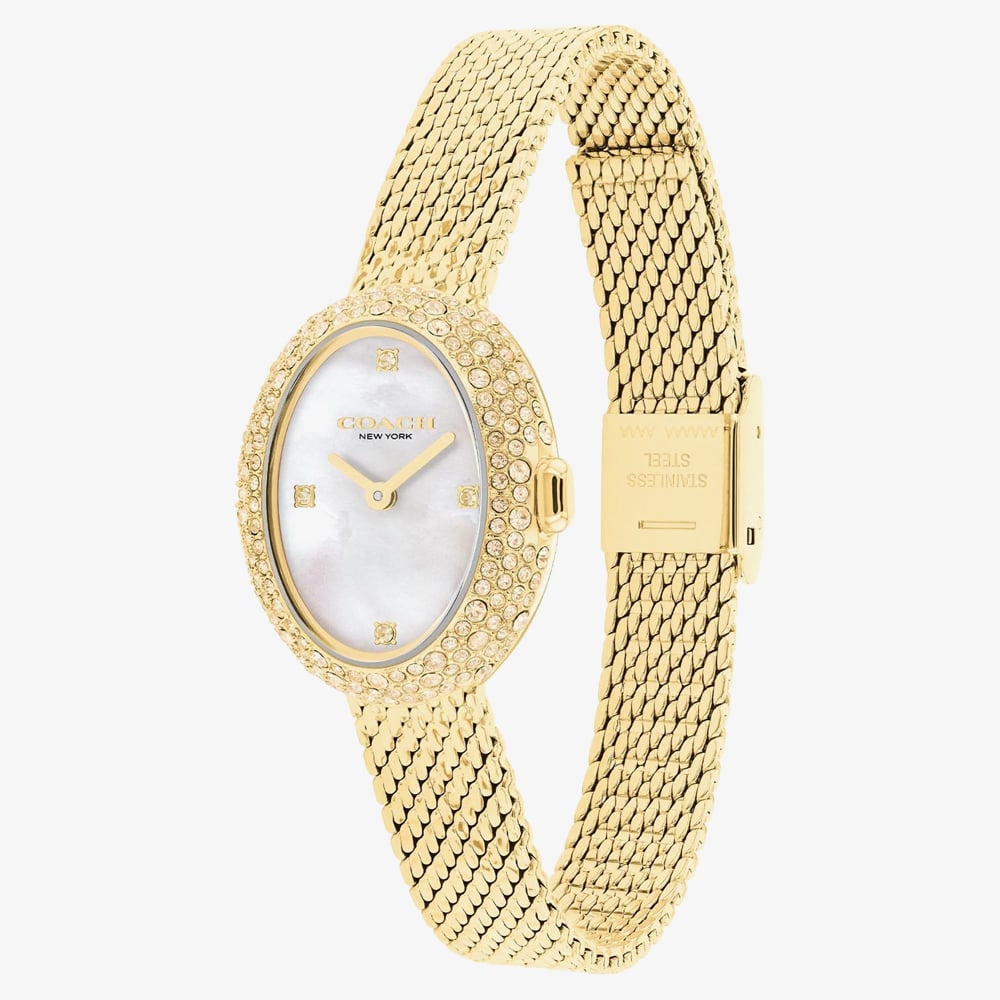 Coach Ladies Sammy Mother of Pearl Dial Crystal Oval Mesh Bracelet Watch 14504690