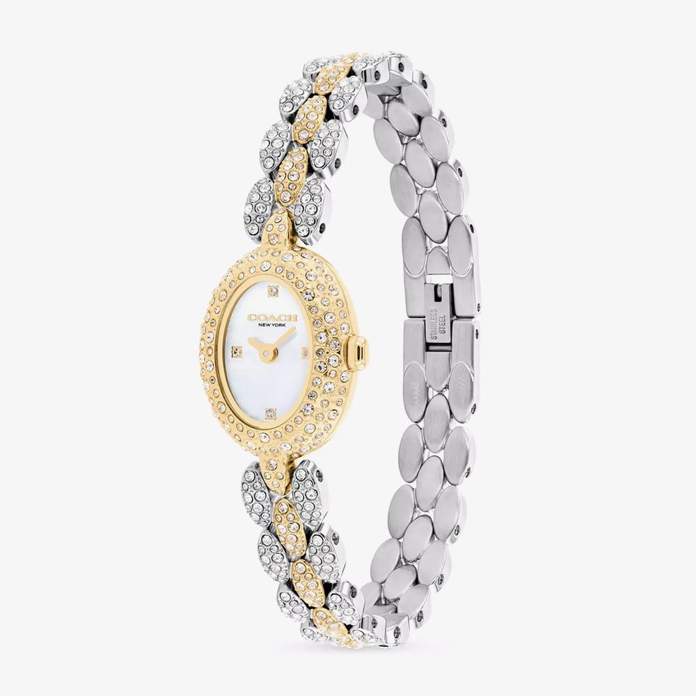 Coach Ladies Sammy Mother of Pearl Dial Crystal Oval Two Tone Bracelet Watch 14504741