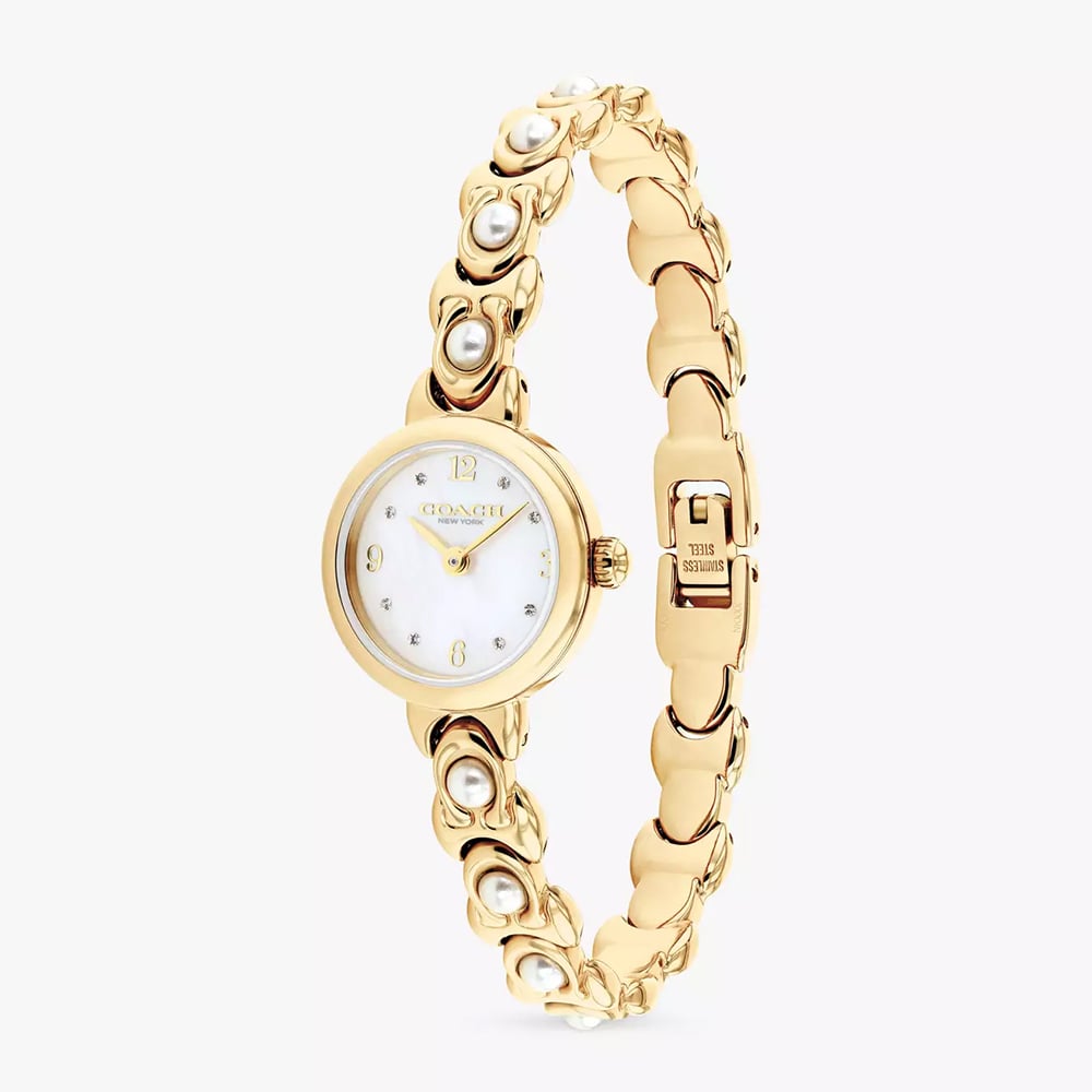 Coach Ladies Iris Mother of Pearl Dial Golden Pearl Bracelet Watch 14504699