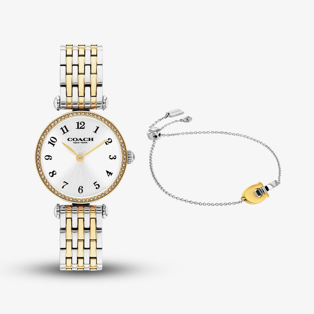 Coach Ladies Cary White Dial Two Tone Bracelet Watch &amp; Two Tone C Bracelet Gift Set 14000140