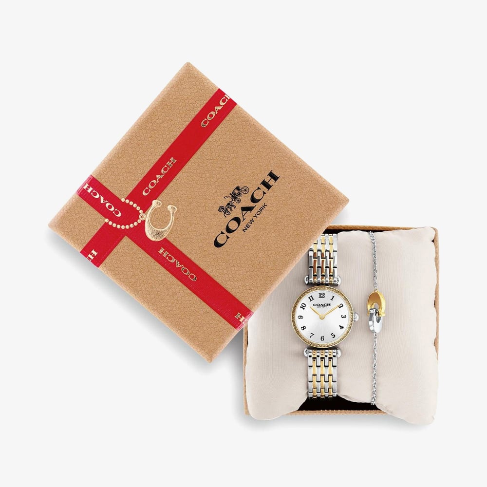 Coach Ladies Cary White Dial Two Tone Bracelet Watch & Two Tone C Bracelet Gift Set 14000140
