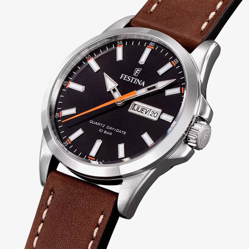 Festina Mens Classics Black Dial Brown Leather Strap Watch F20358/2