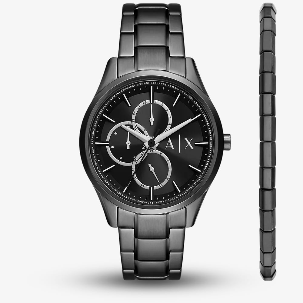 Product photograph of Armani Exchange Mens Dante Black Multifunction Watch Amp Bracelet Set Ax7154set from The Jewel Hut