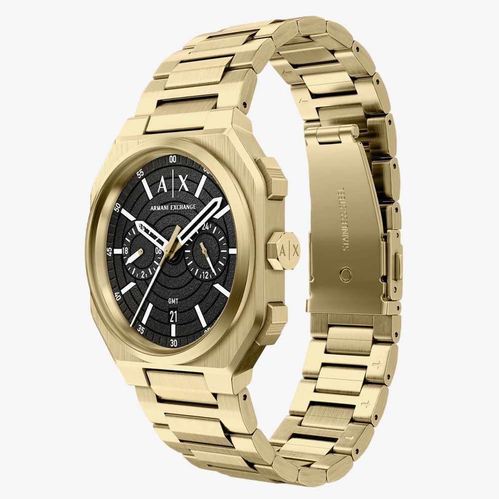 Armani Exchange Mens Bass Dual-Time Gold Tone Bracelet Watch AX1476