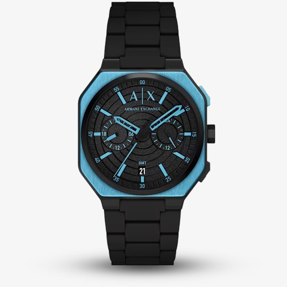 Armani Exchange Mens Bass Dual-Time Black &amp; Blue Silicone Strap Watch AX1480