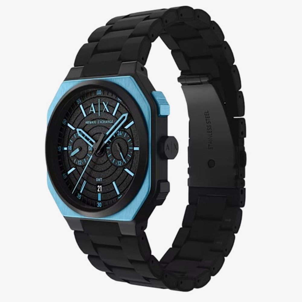 Armani Exchange Mens Bass Dual-Time Black & Blue Silicone Strap Watch AX1480
