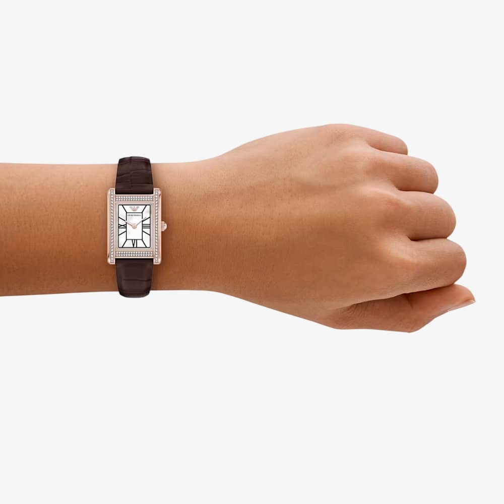Emporio Armani Ladies Genni White Mother Of Pearl Rectangular Dial Brown Leather Strap Watch AR11804