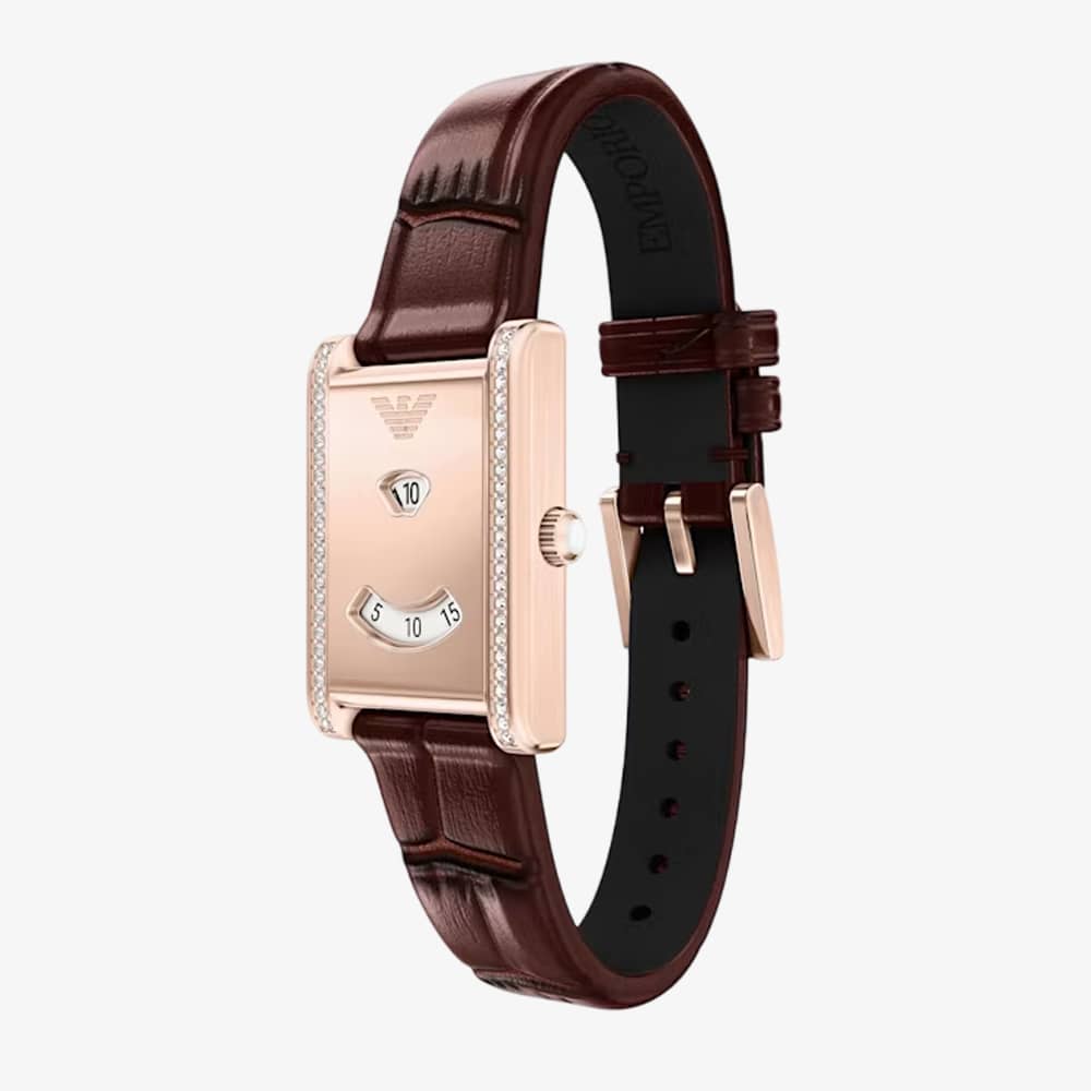 Emporio Armani Ladies Mystery Hour Rose Gold Tone Rectangular Dial Leather Strap Watch AR11814