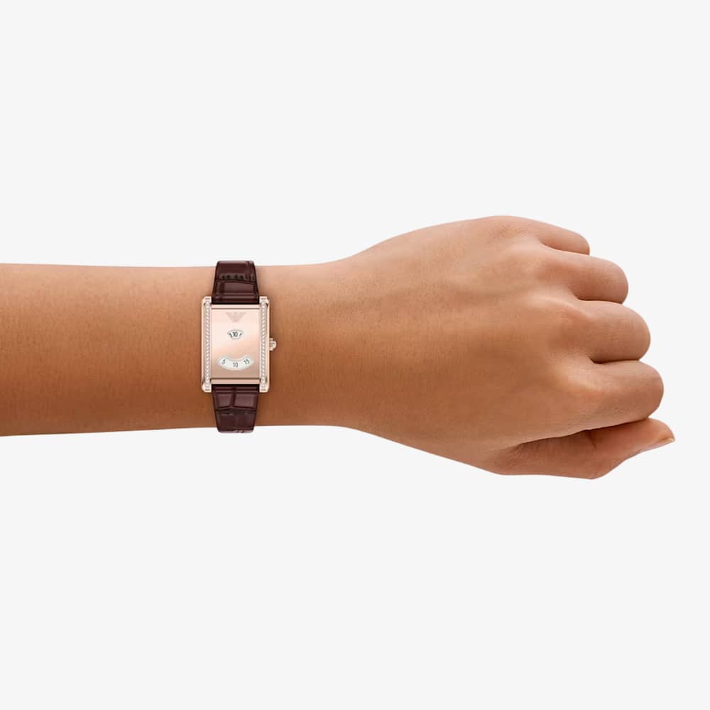Emporio Armani Ladies Mystery Hour Rose Gold Tone Rectangular Dial Leather Strap Watch AR11814