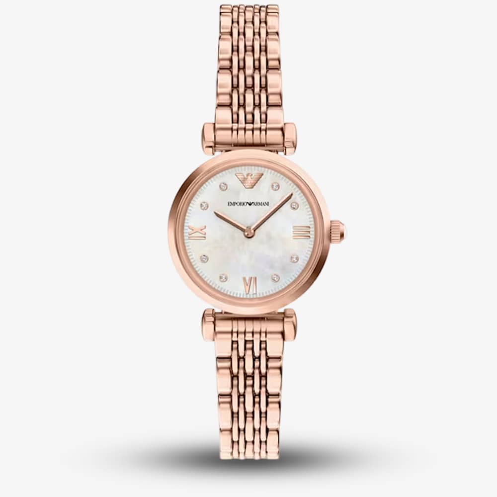 Emporio Armani Ladies Gianni White Mother Of Pearl Dial Rose Gold Tone Bracelet Watch AR11805