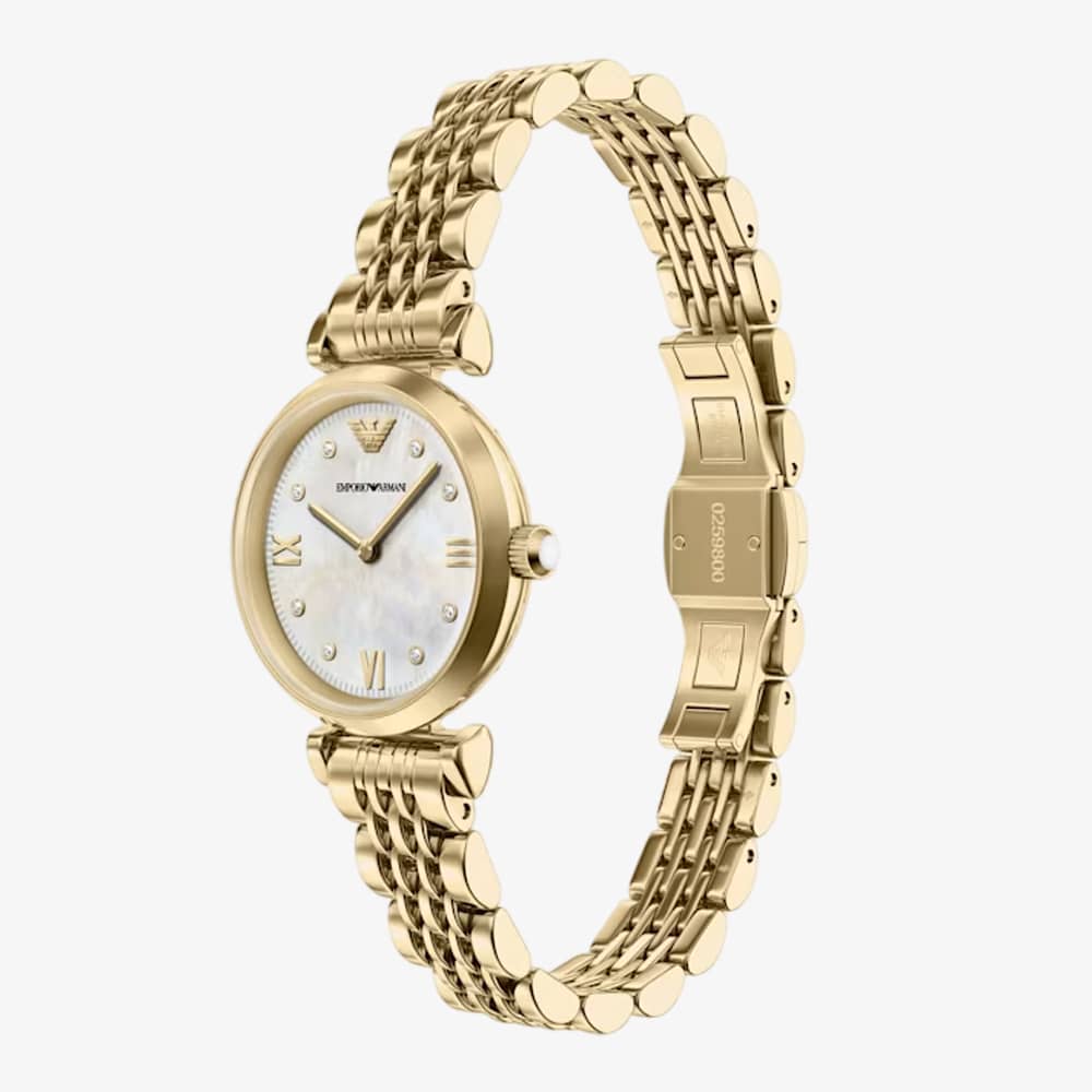 Emporio Armani Ladies Gianni White Mother Of Pearl Dial Gold Tone Bracelet Watch AR11806