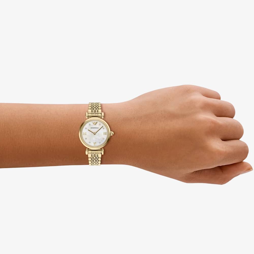 Emporio Armani Ladies Gianni White Mother Of Pearl Dial Gold Tone Bracelet Watch AR11806