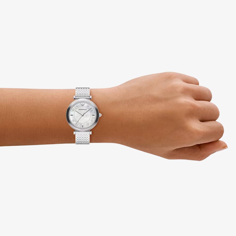 Emporio Armani Ladies Archelia Silver Mother Of Pearl Dial Bracelet Watch AR11807