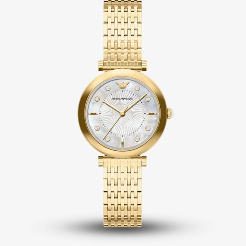 Emporio Armani Ladies Archelia Silver Mother Of Pearl Dial Gold Tone Bracelet Watch AR11809