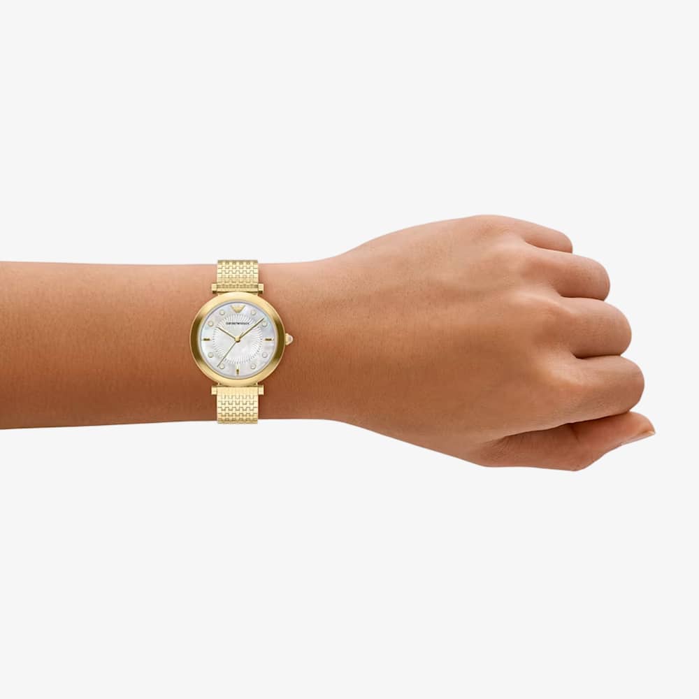 Emporio Armani Ladies Archelia Silver Mother Of Pearl Dial Gold Tone Bracelet Watch AR11809