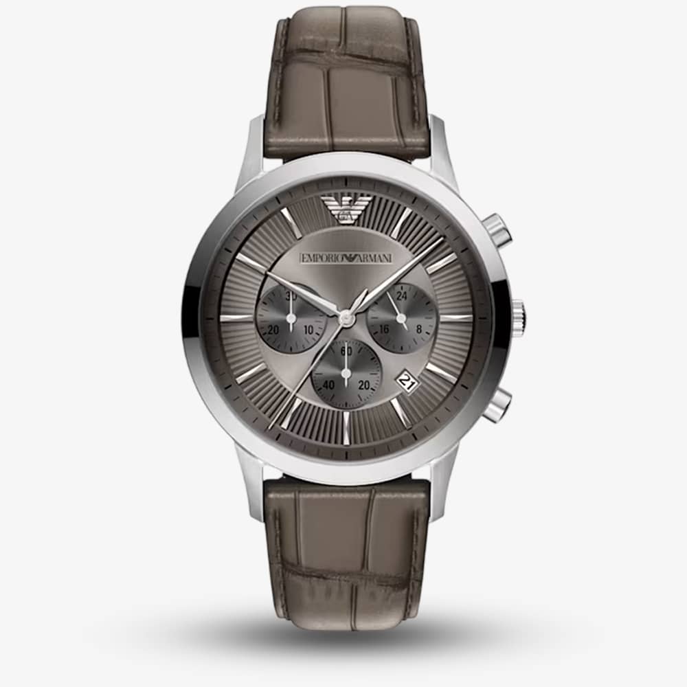 Emporio Armani Mens Archetipo Grey Chronograph Dial Leather Strap Watch AR11821