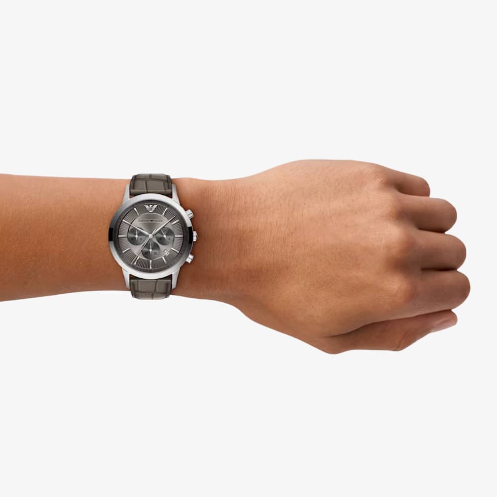 Emporio Armani Mens Archetipo Grey Chronograph Dial Leather Strap Watch AR11821