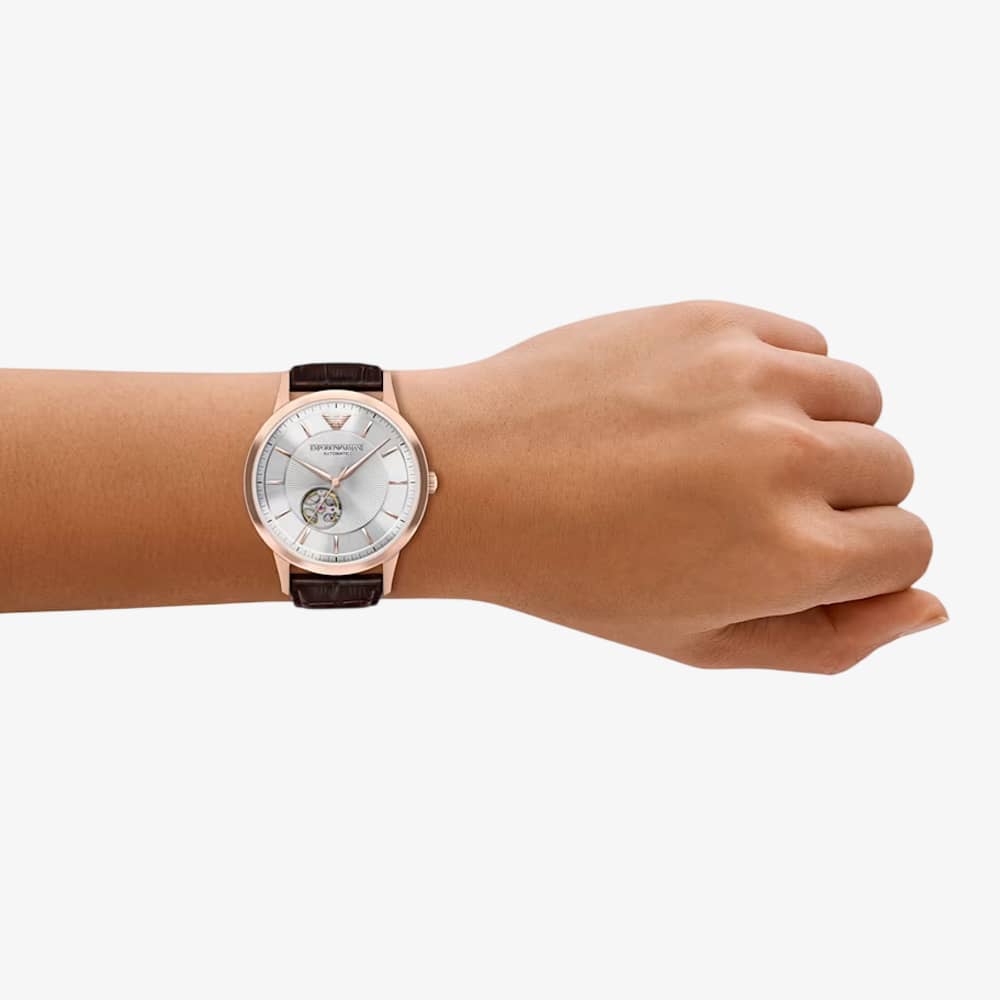 Emporio Armani Mens Archetipo Silver Dial Leather Strap Watch AR60098