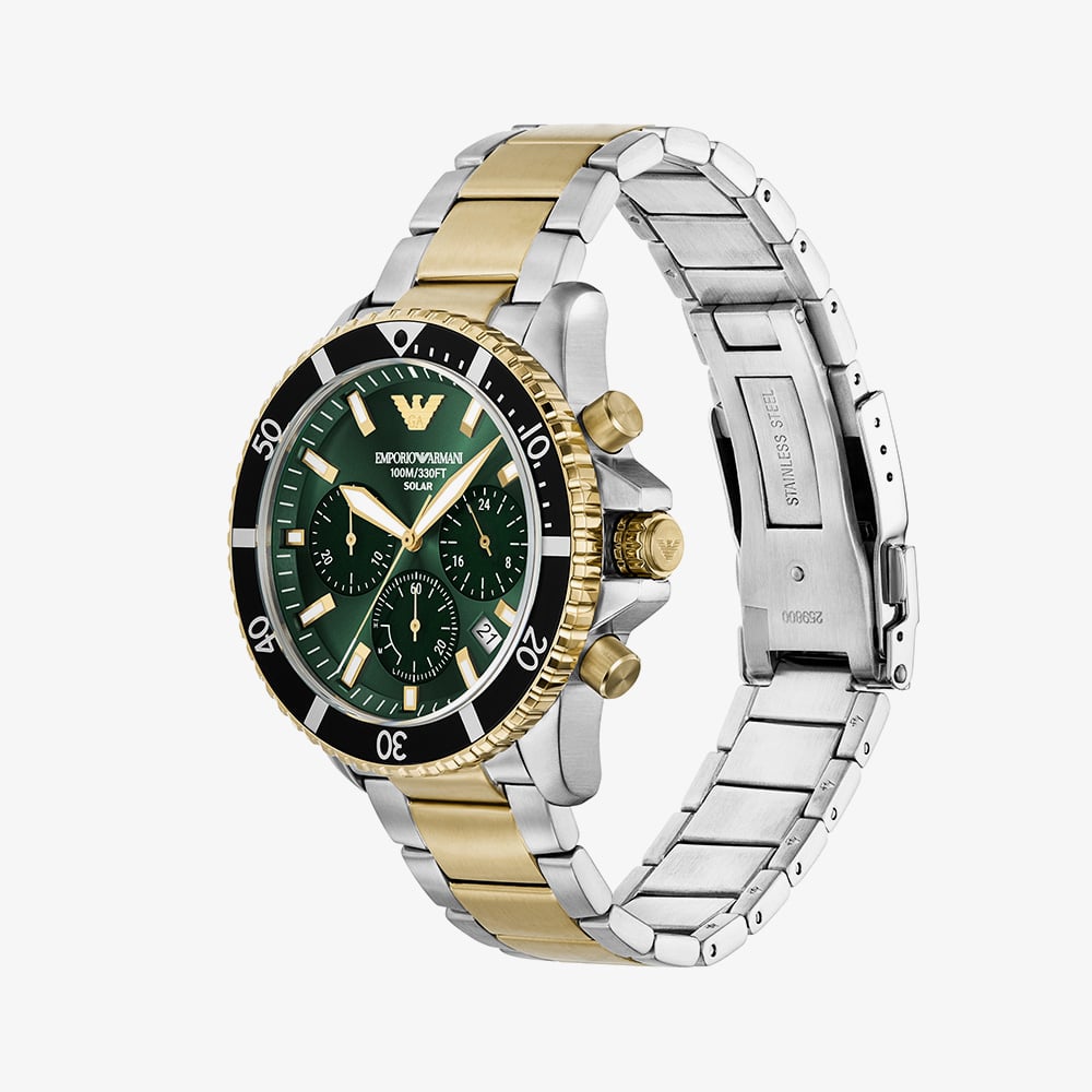 Emporio Armani Mens World Explorer Solar Powered Two Tone Chronograph Watch AR11695
