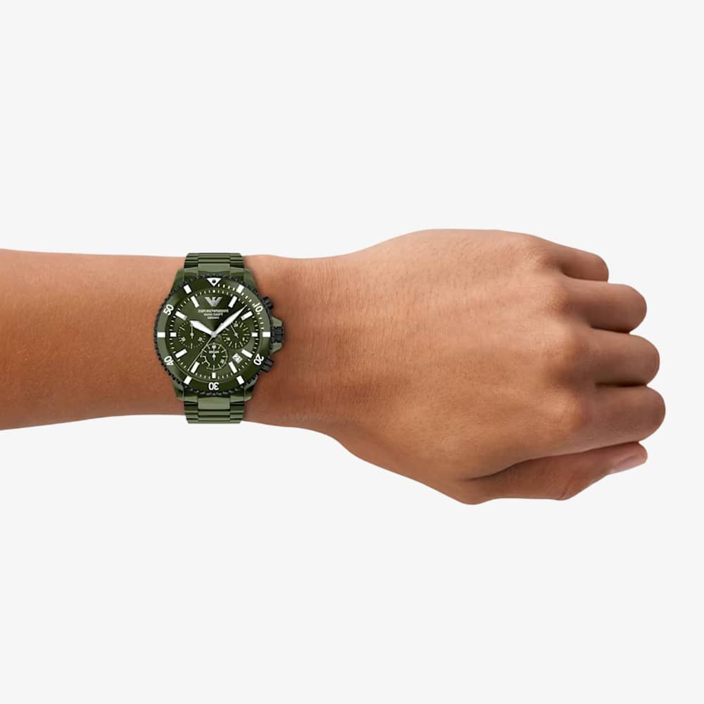 Emporio Armani Mens World Explorer Green Chronograph Dial Bracelet Watch AR70023