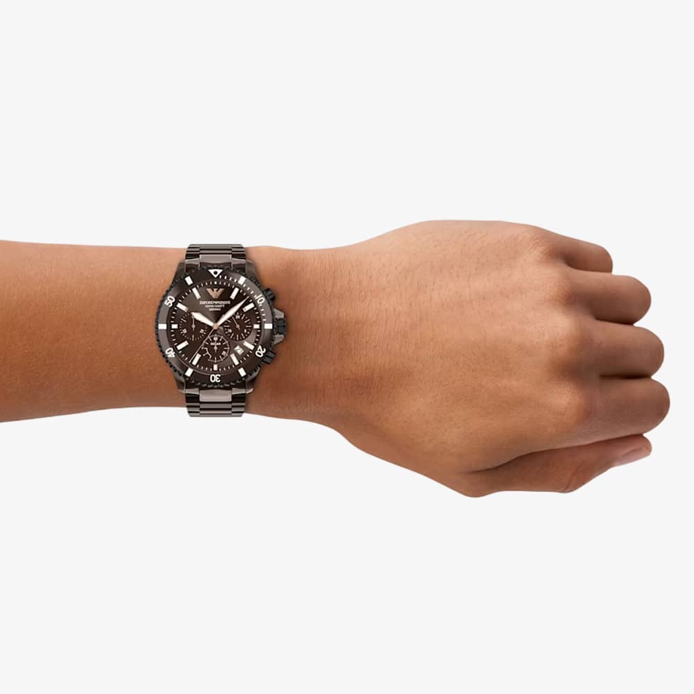 Emporio Armani Mens World Explorer Brown Chronograph Dial Bracelet Watch AR70025