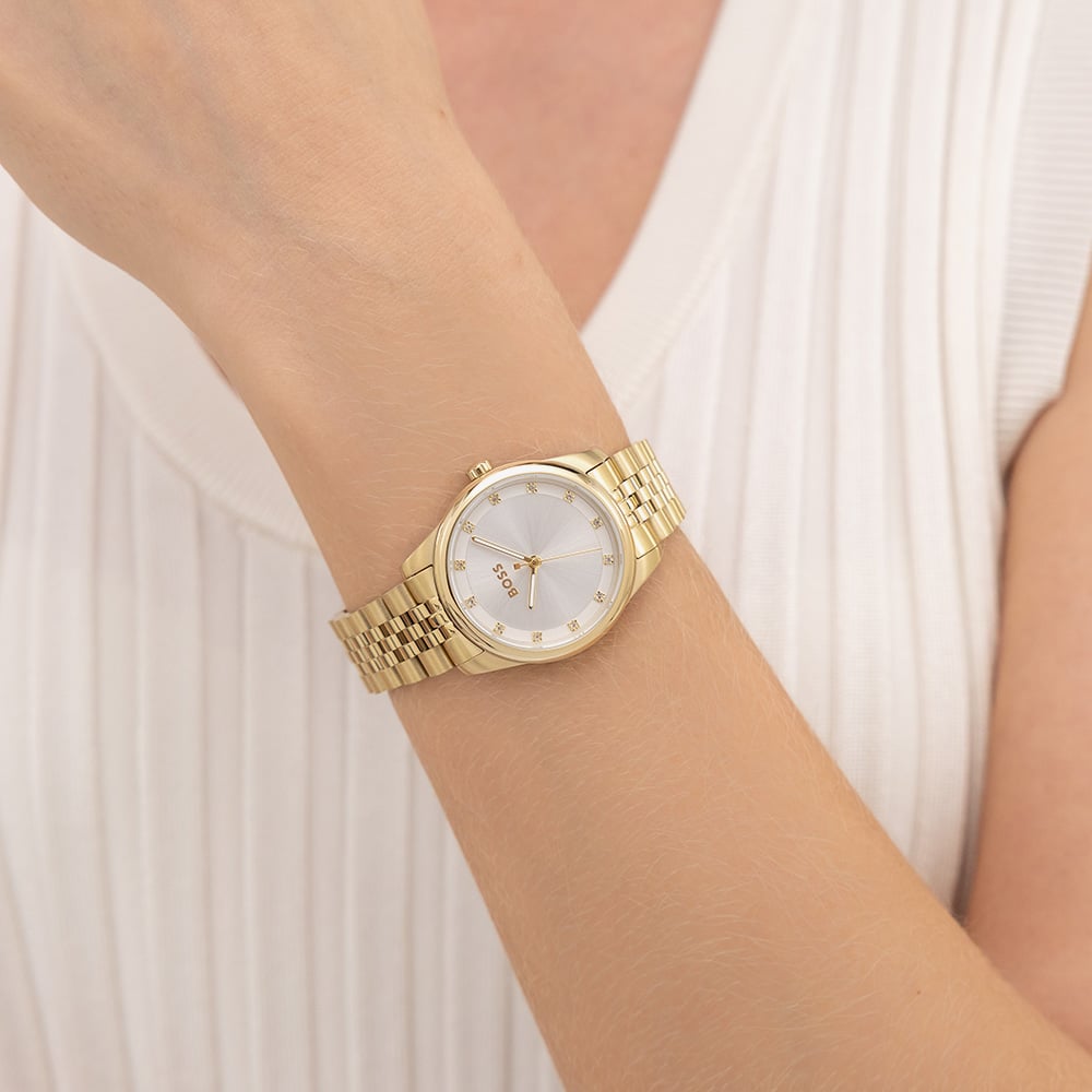 BOSS Ladies Graceful Gold Tone Crystal Silver Dial Watch 1502810