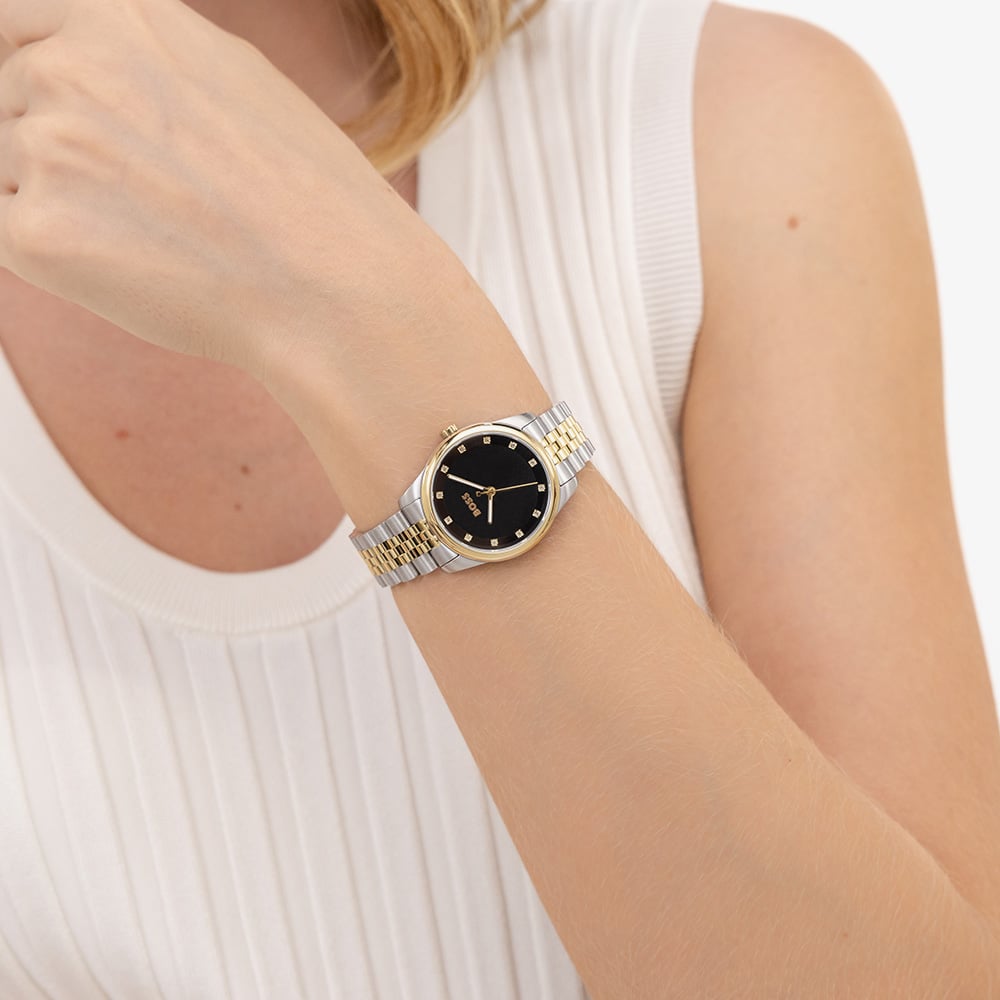 BOSS Ladies Graceful Two Tone Crystal Black Dial Watch 1502811