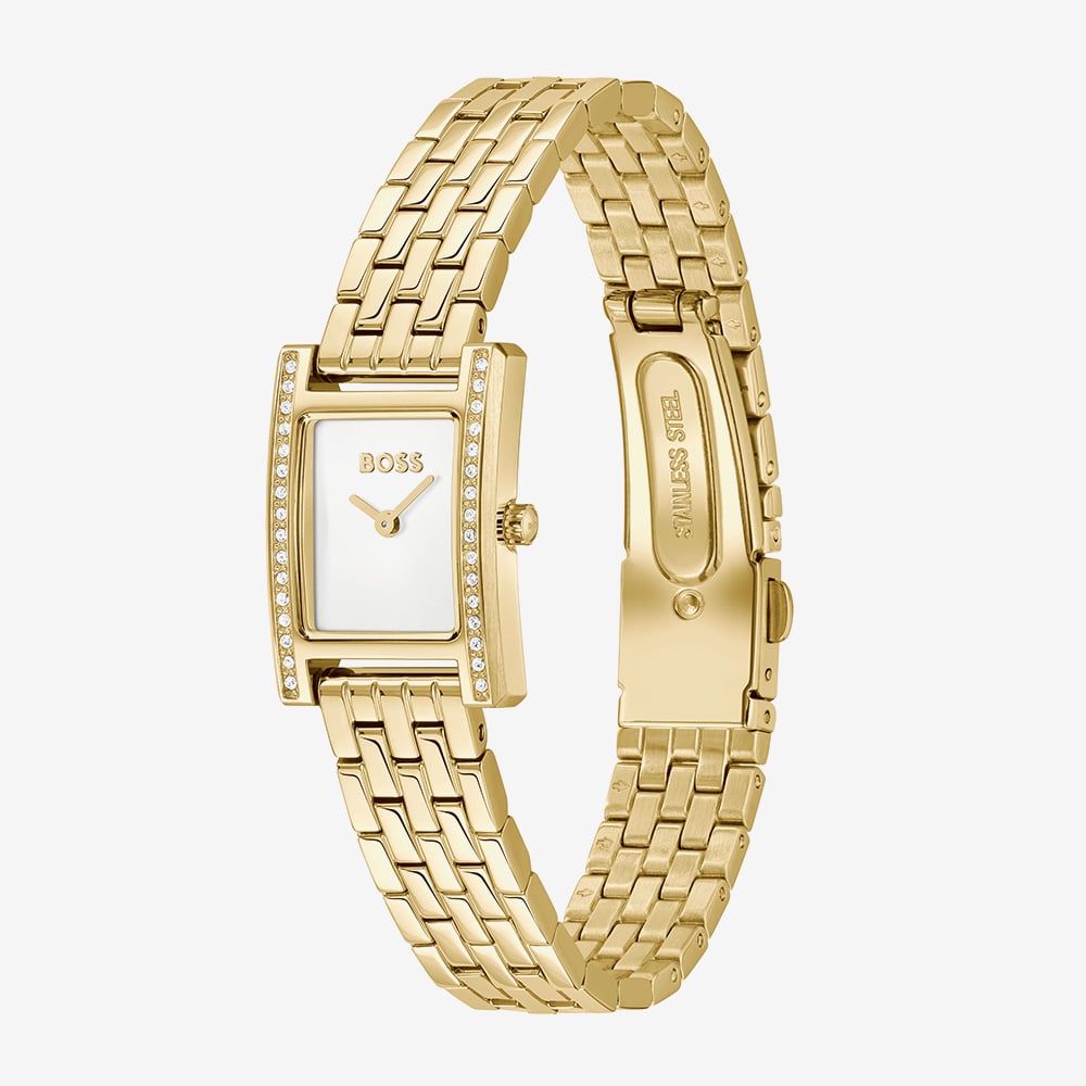 BOSS Ladies Lucy Precious Gold Tone Crystal Rectangle Watch 1502815