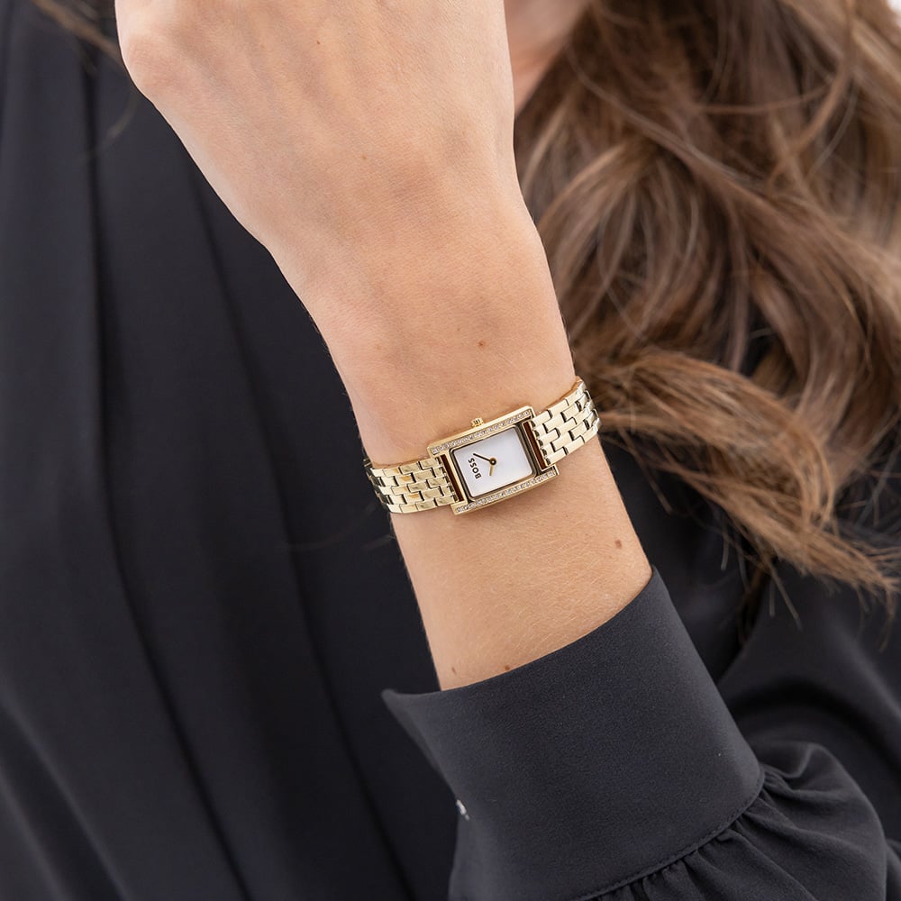 BOSS Ladies Lucy Precious Gold Tone Crystal Rectangle Watch 1502815