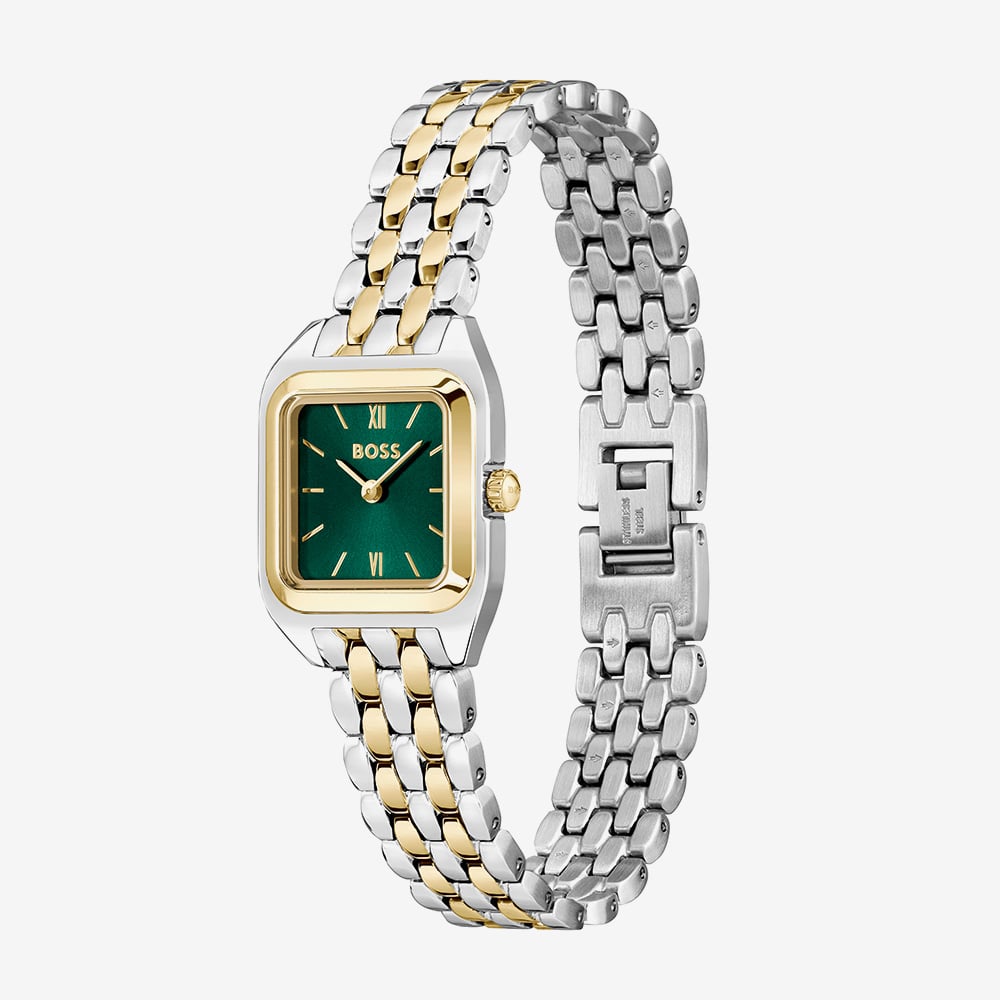 BOSS Ladies Mae Petite Two Tone Rectangle Green Dial Watch 1502822
