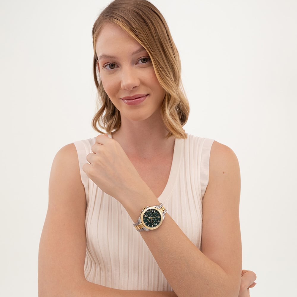 BOSS Ladies Alley Lux Two Tone Crystal Green Dial Quartz Watch 1502827
