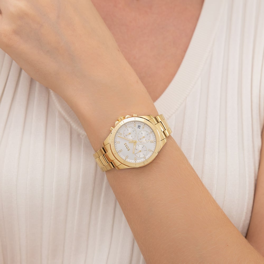 BOSS Ladies Alley Lux Gold Tone Crystal White Dial Watch 1502829