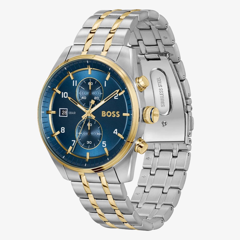BOSS Mens Skytraveller Two-Tone Blue Chronograph Watch 1514247