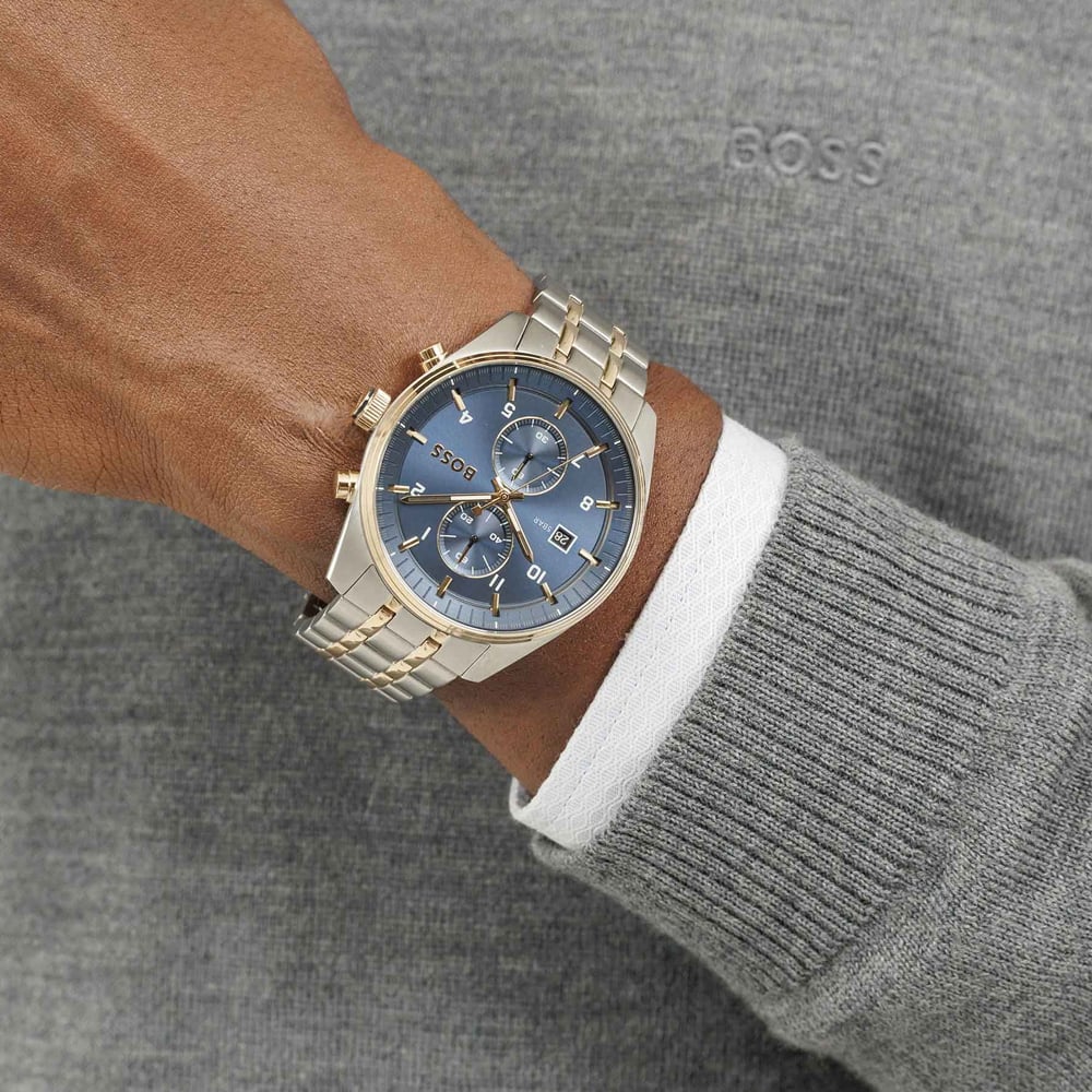 BOSS Mens Skytraveller Two-Tone Blue Chronograph Watch 1514247