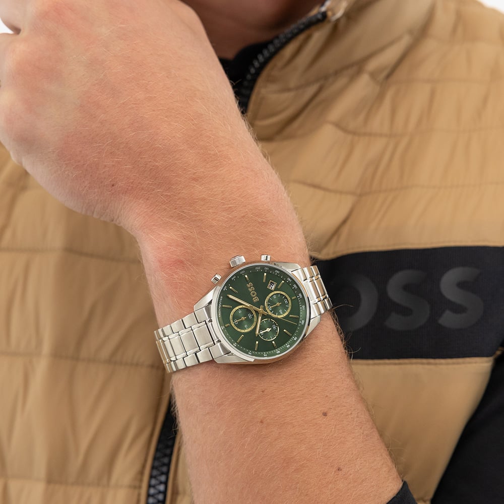 BOSS Mens Grand Prix 44 Silver Tone Green Dial Watch 1514266