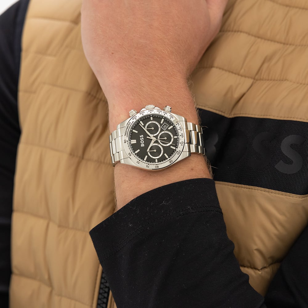 BOSS Mens Hero 2.0 Silver Tone Black Chronograph Watch 1514267
